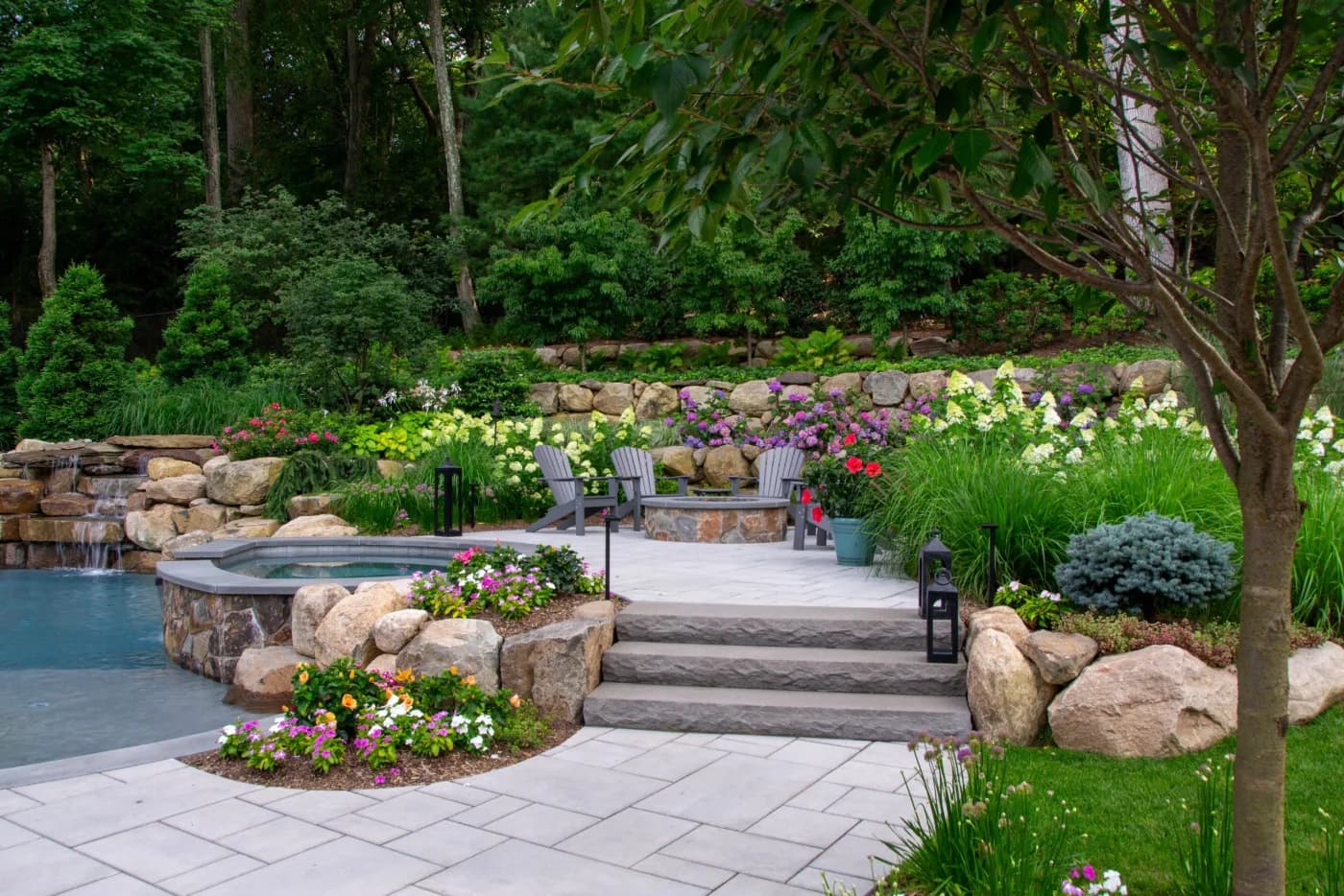 Established garden with stone terracing and mixed planting