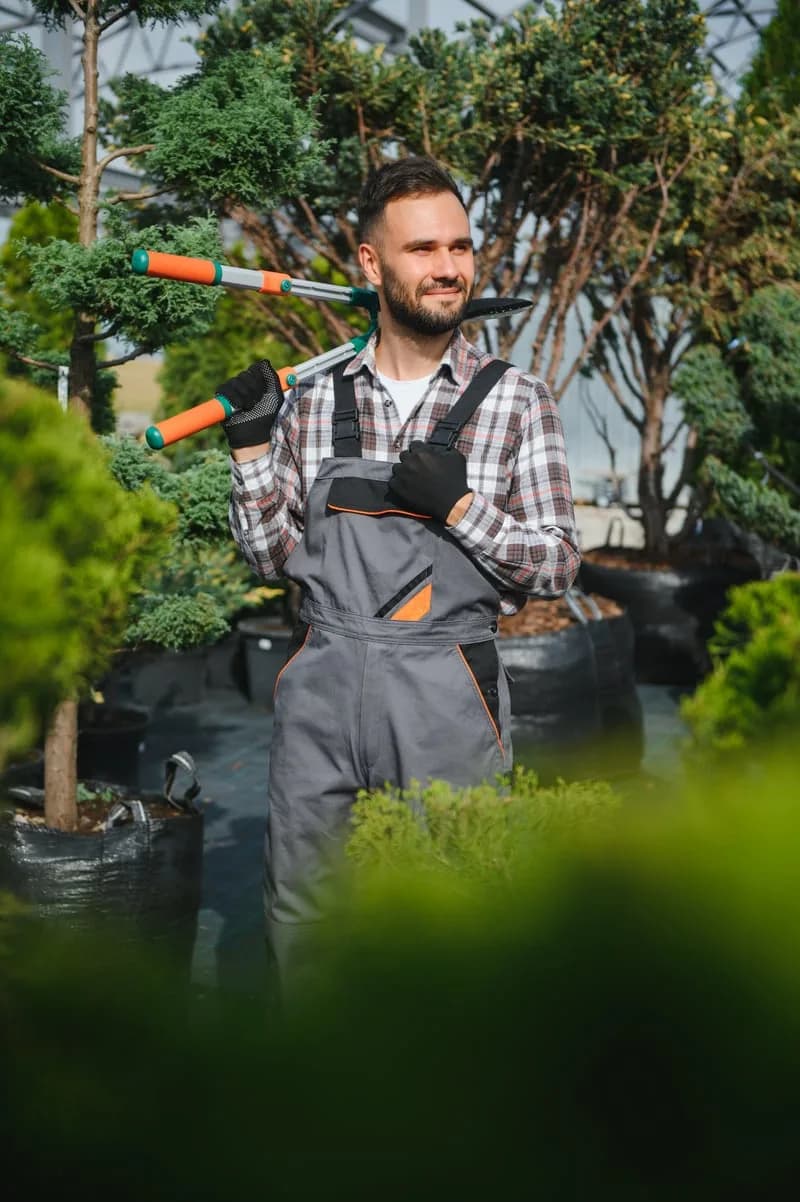 Landscaper carrying hand tools between jobs