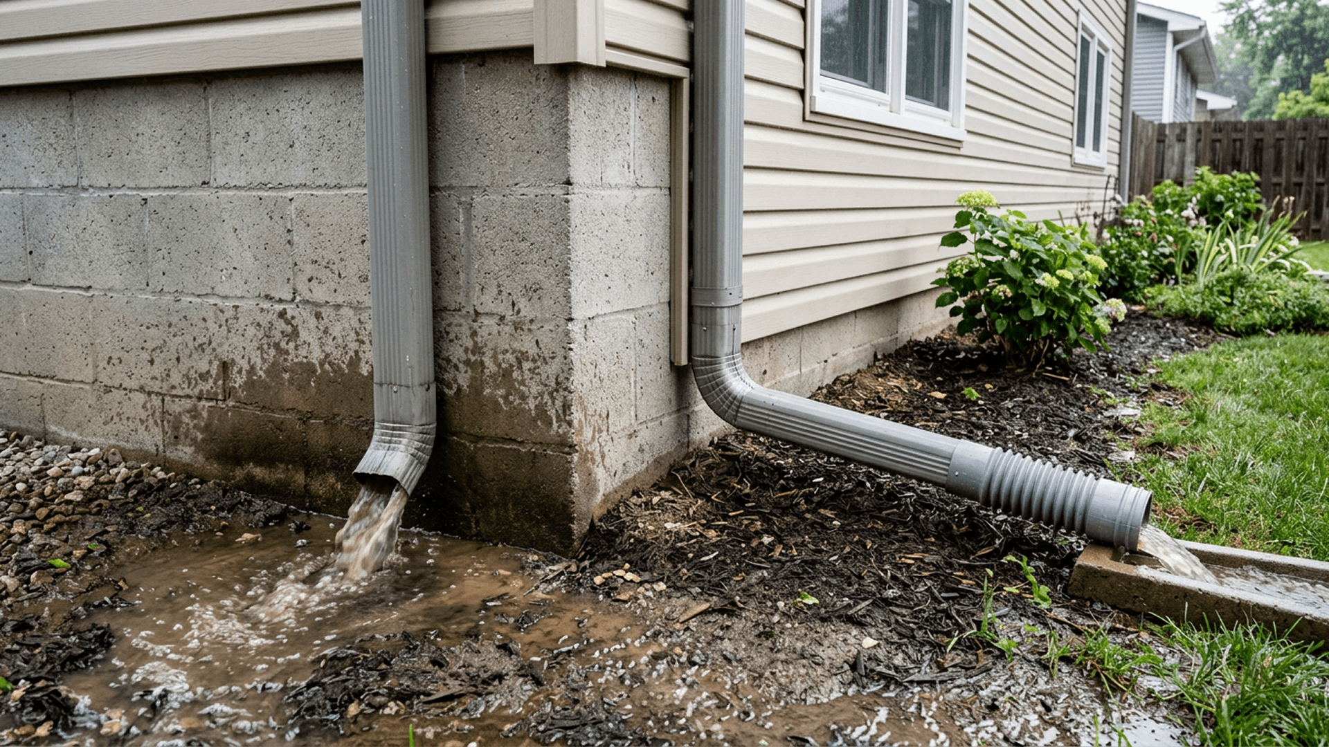 A downspout emptying directly against a house foundation, next to one properly extended away from the structure